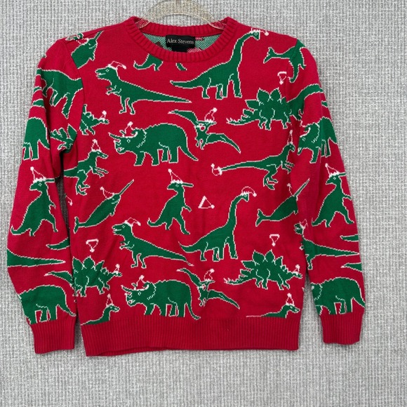 Alex Stevens Christmas Sweater Dinosaur Santa Holiday Red Green Cotton M(10/12) - Picture 1 of 8